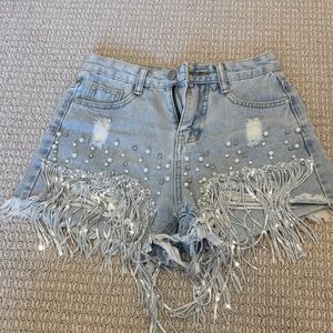 Denim Fringe Shorts with Pearl Accents
